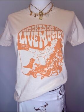 Hooked on Live Music Graphic Tee - Cream with Orange Print